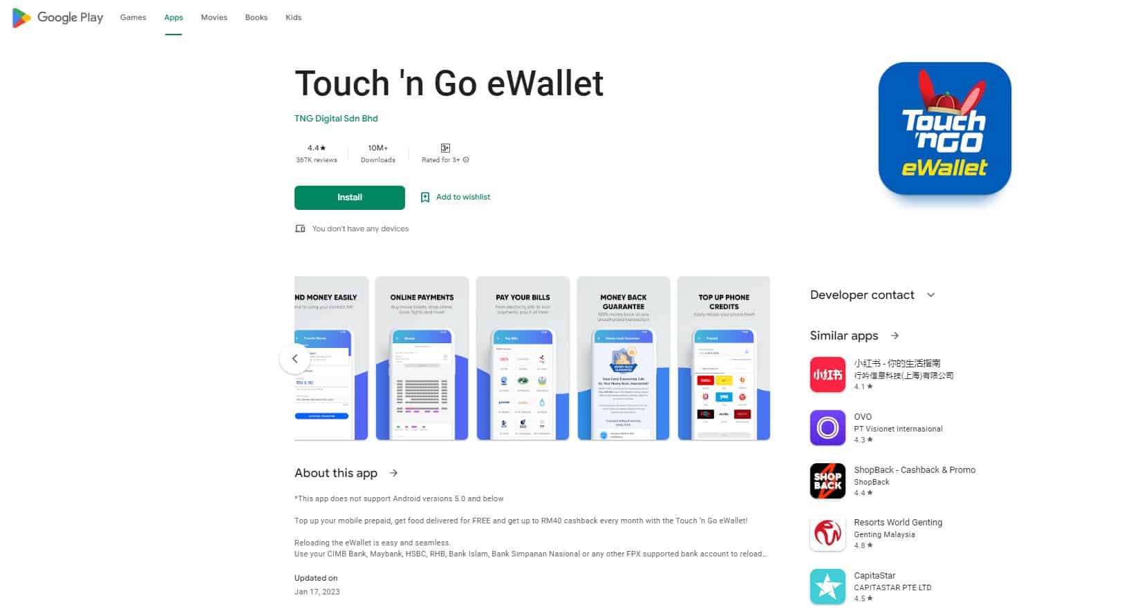 Aplikasi Touch 'n Go eWallet (Google Play Store)