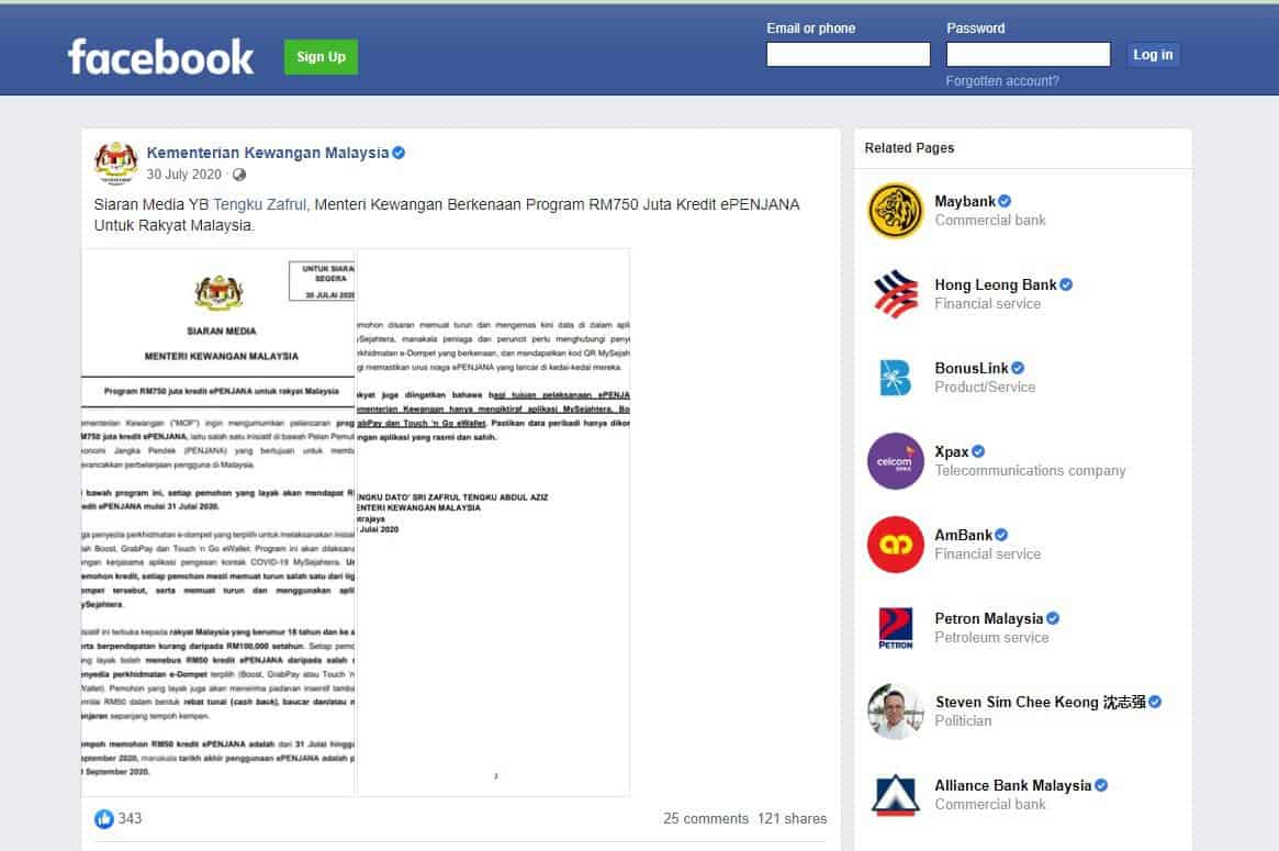 Laman Facebook Rasmi Kementerian Kewangan Malaysia