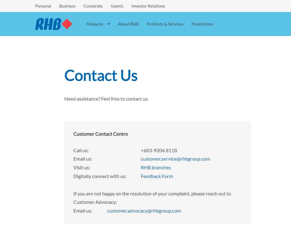 Laman Web Rasmi RHB Bank (Contact Us)