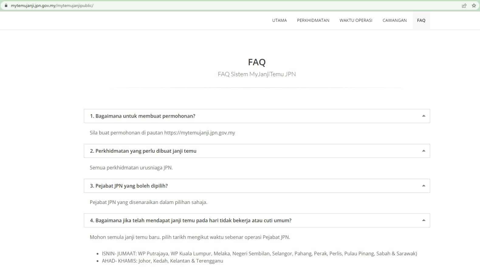 Tampilan FAQ Sistem MyJanjiTemu JPN