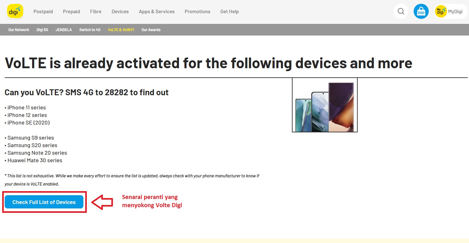 cara aktifkan volte digi(senarai device sokong volte)